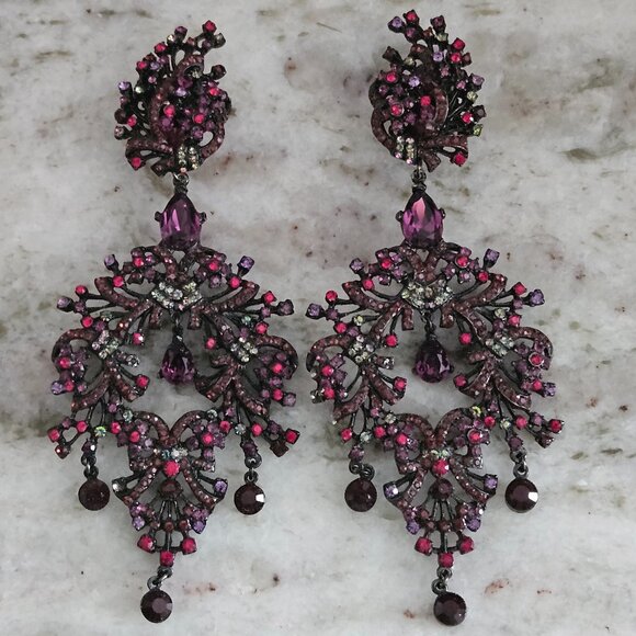 RARE STATEMENT JOSE MARIA BARRERA RED PURPLE CRYSTAL EVENING CHANDELIER EARRINGS